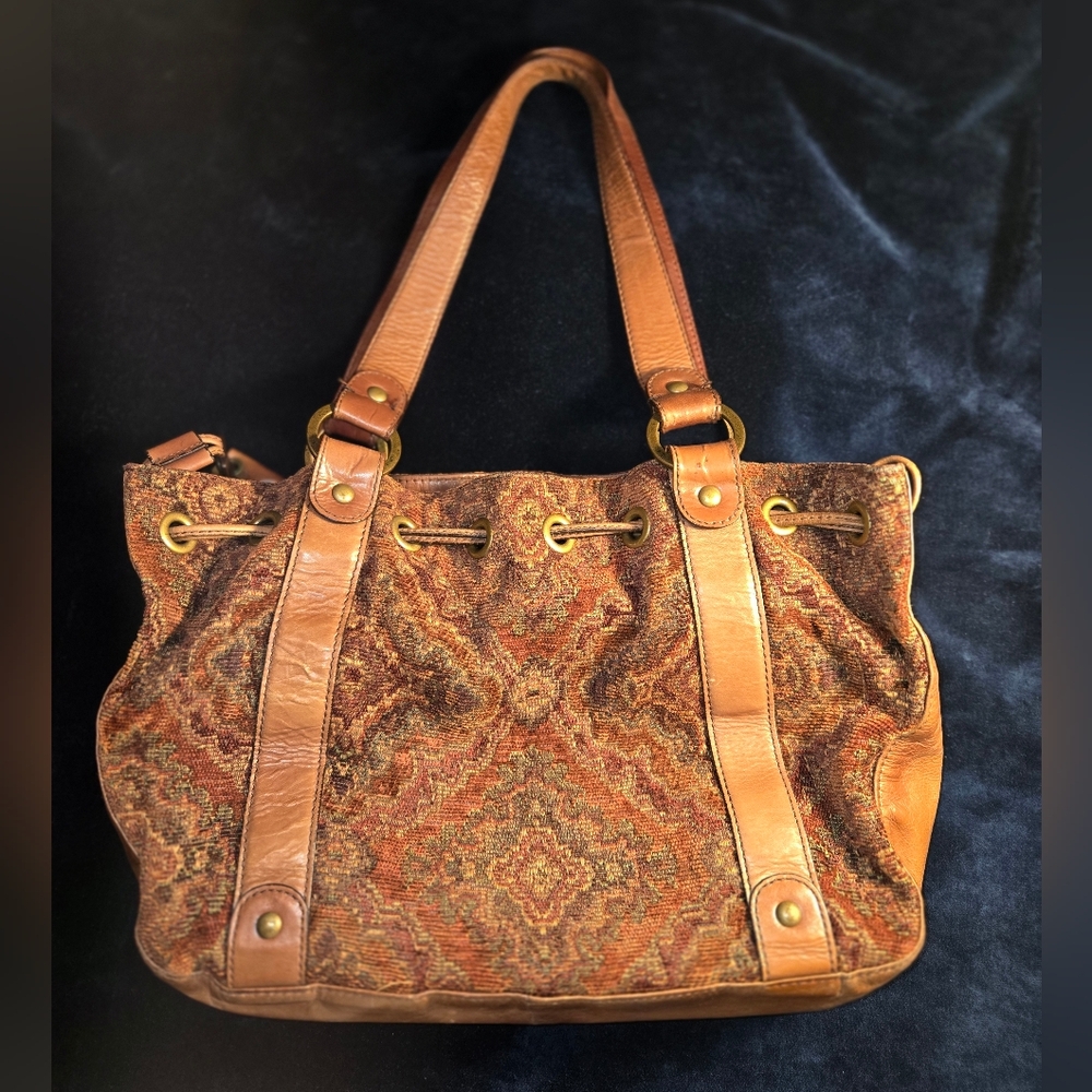 Kate landry purse. Tapestry And Leather Tan Shoulder Bag